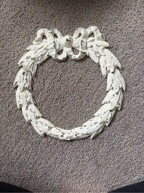 Distressed White Cast Iron Laurel Wreath Wall Hanging cottage shabby chic
